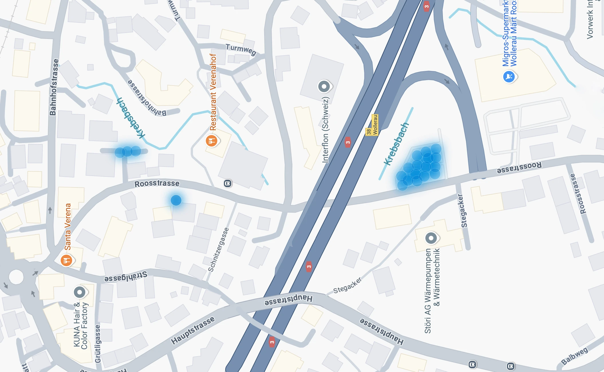 Karte der Parkplätze und des Clubs an der Roosstrasse